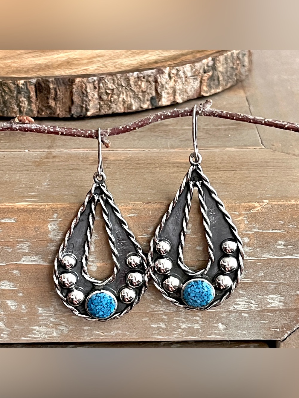 Vintage Taxco Mexico 925 Sterling Silver Turquoise Chip Inlay Dangle Earrings